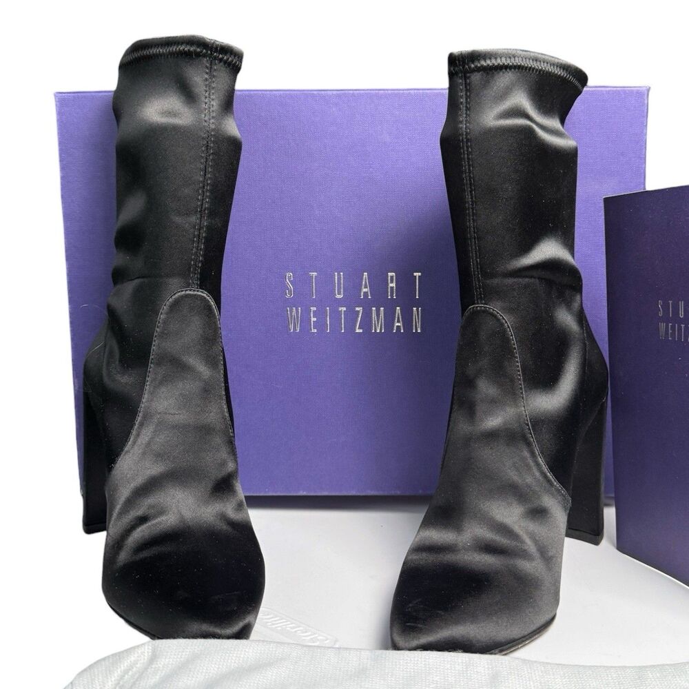 Stuart Weitzman Satin Ankle Boots Size 9M Black Pointed Toe Stretch Stiletto Y2K